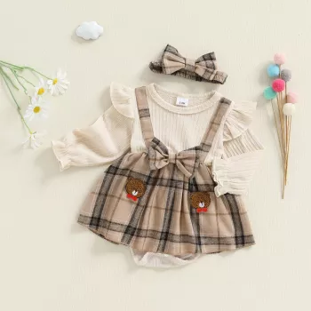 Plaid Bear Romper Dress Set for Baby Girl + Headband